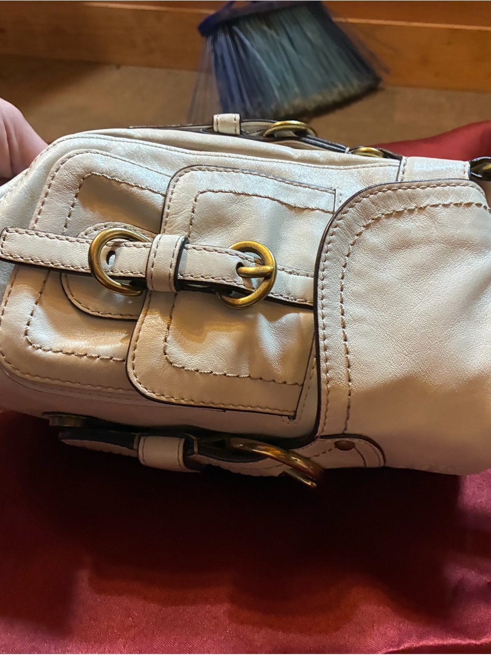 White Coach Leather baby blue satin inside w/ Buckle-Front Shoulder Bag - Picture 8 of 13